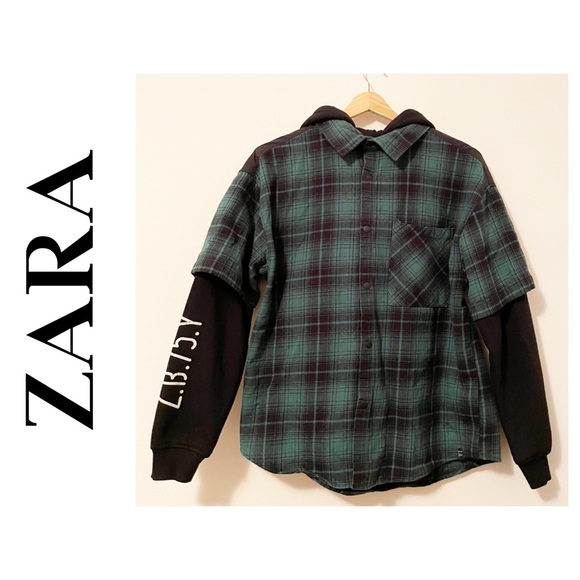 Zara kids green and black plaid button down hoodie shirt size 13-14 - Picture 1 of 9